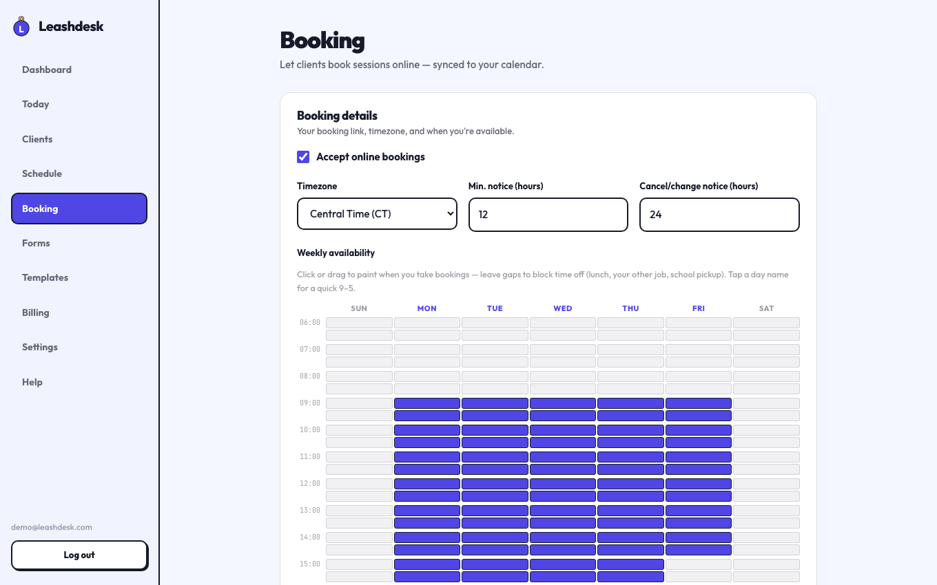 Leashdesk booking settings: services, availability, and your booking link