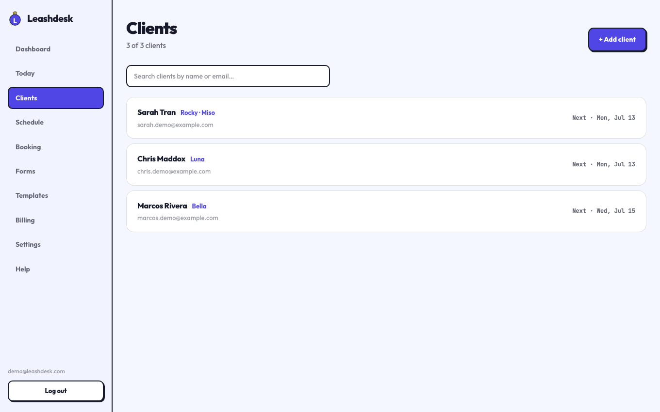 Leashdesk client roster with dogs and package status