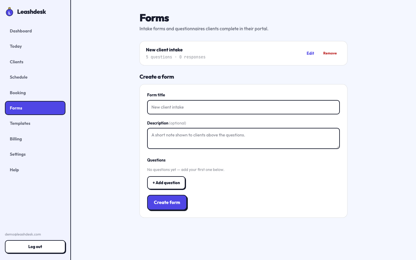 Leashdesk intake form builder with custom questions